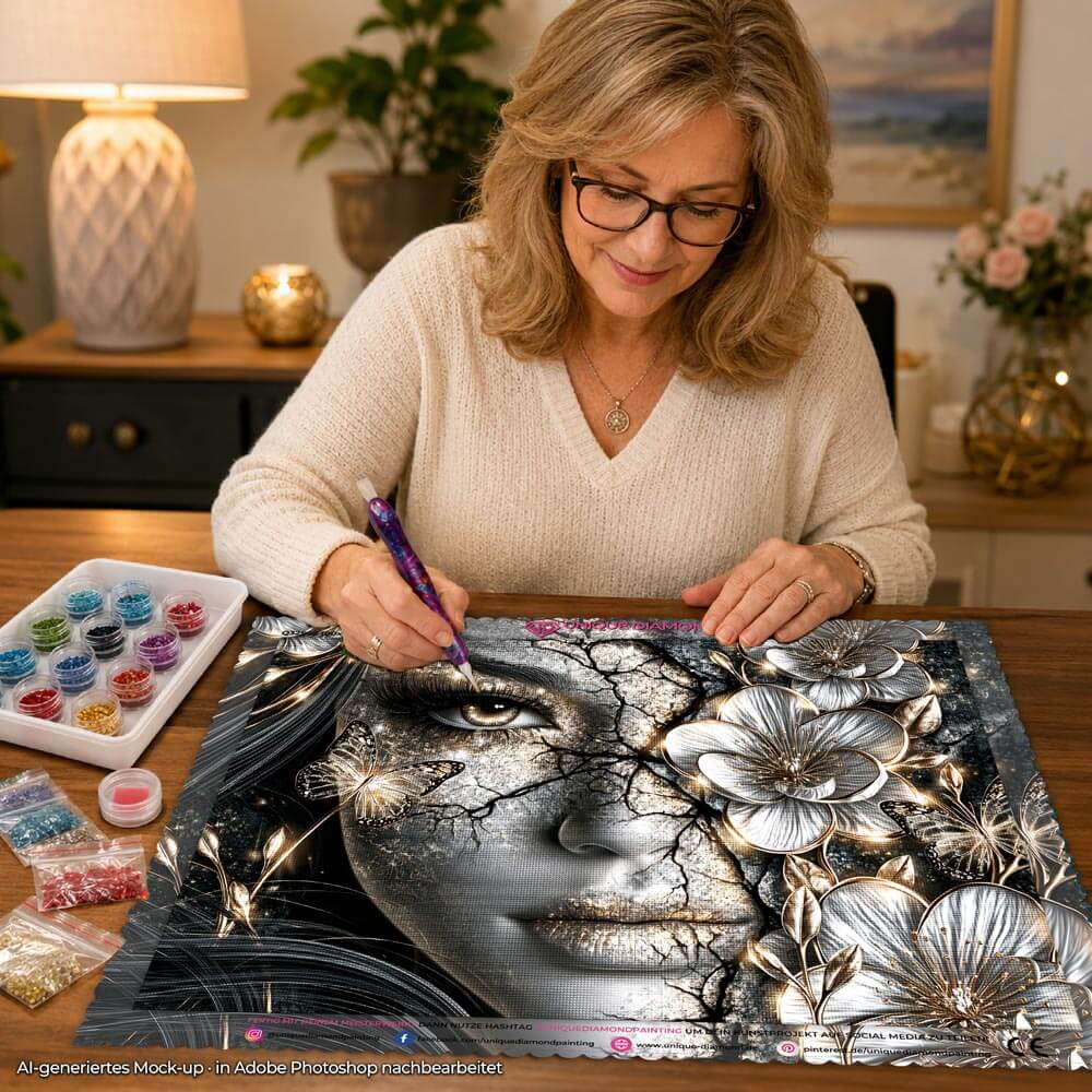 5D Diamond Painting – Goldene Blüten der Stille