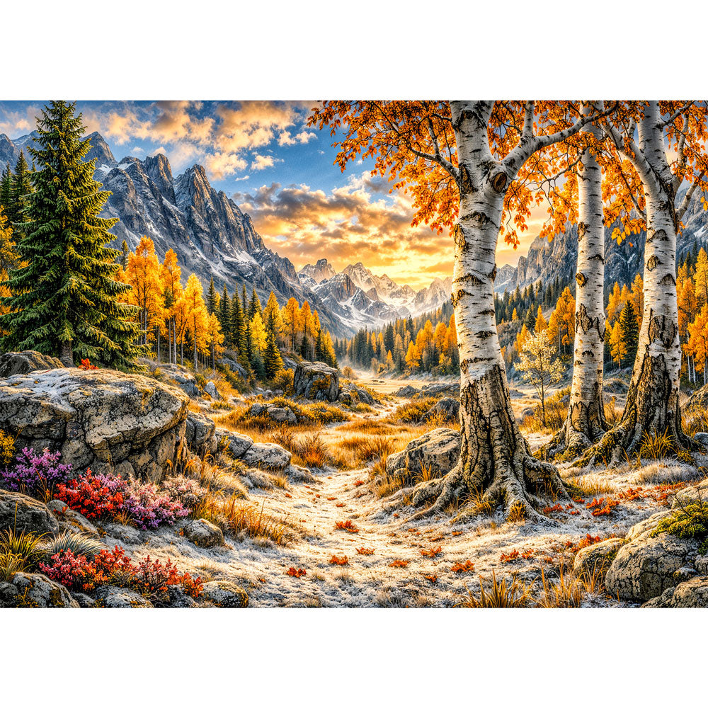 5D Diamond Painting – Goldene Herbststille im Bergtal, Unique-Diamond