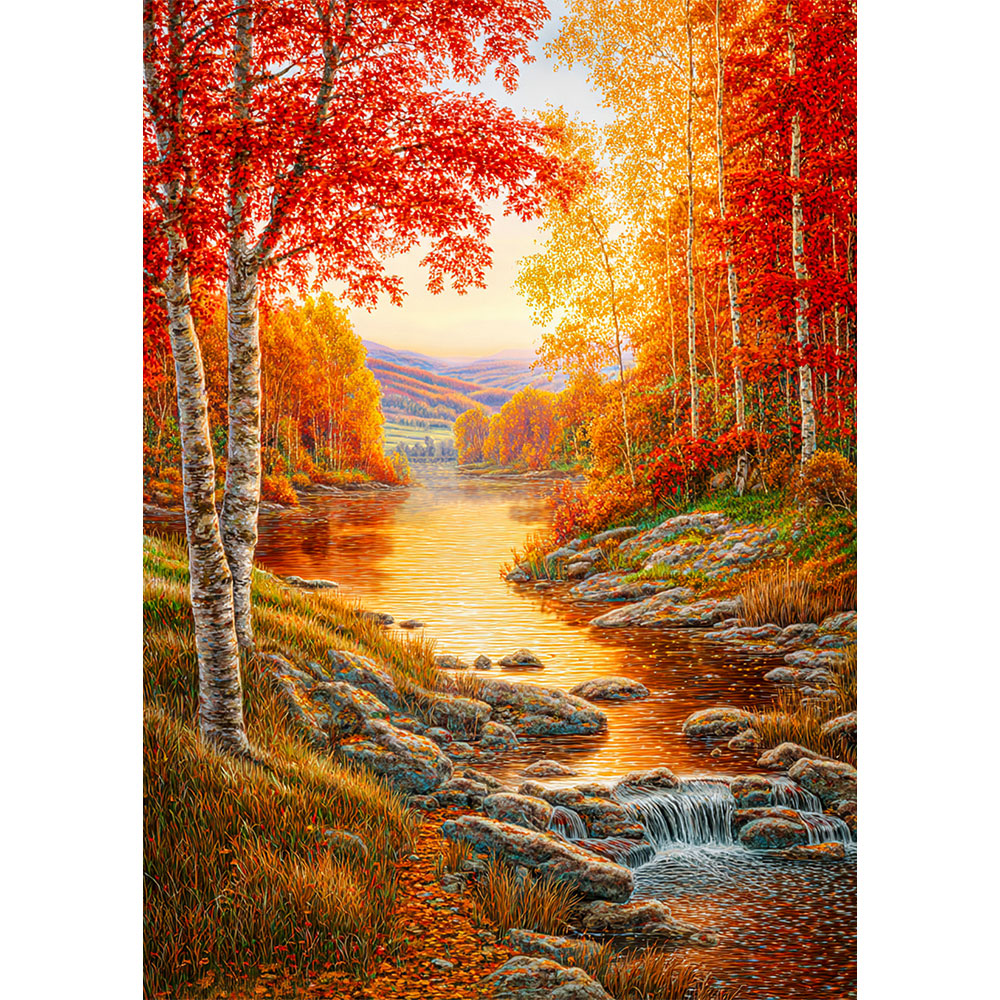 5D Diamond Painting – Goldenes Flüstern am Waldbach, Unique-Diamond