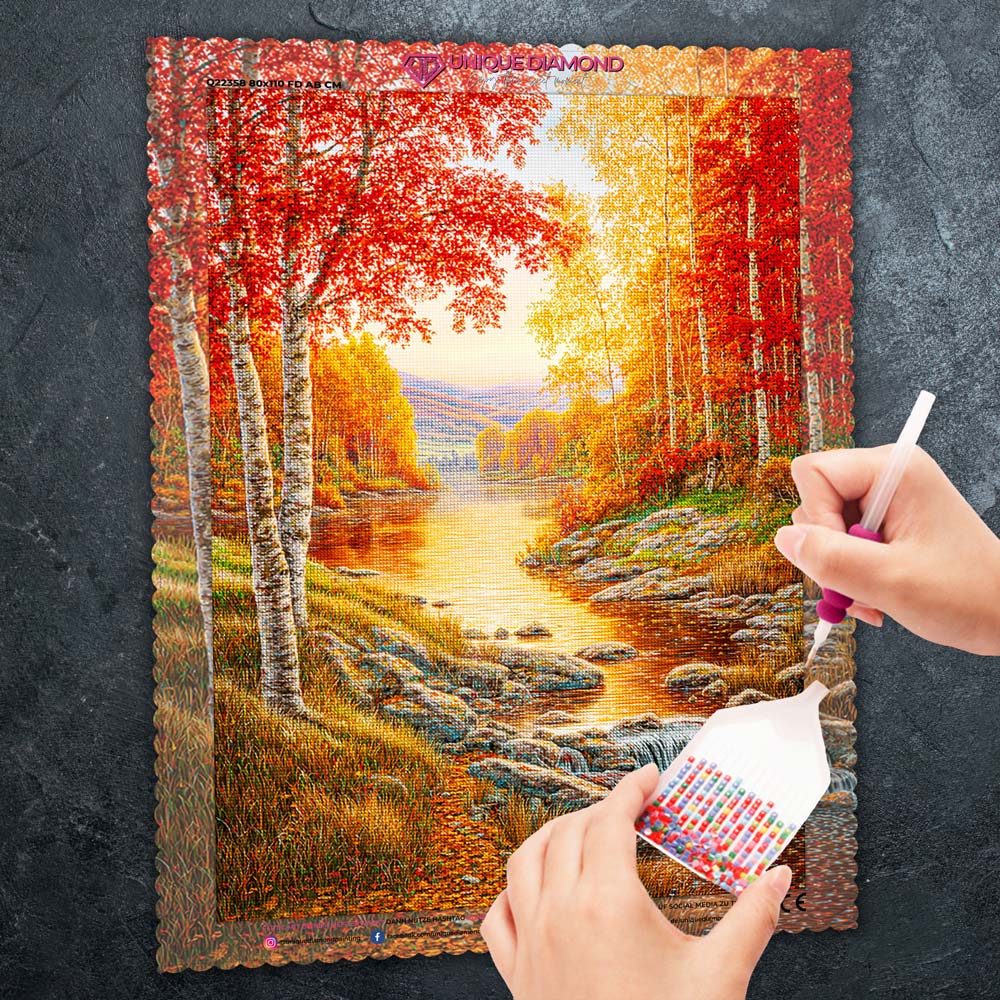 5D Diamond Painting – Goldenes Flüstern am Waldbach Unique-Diamond
