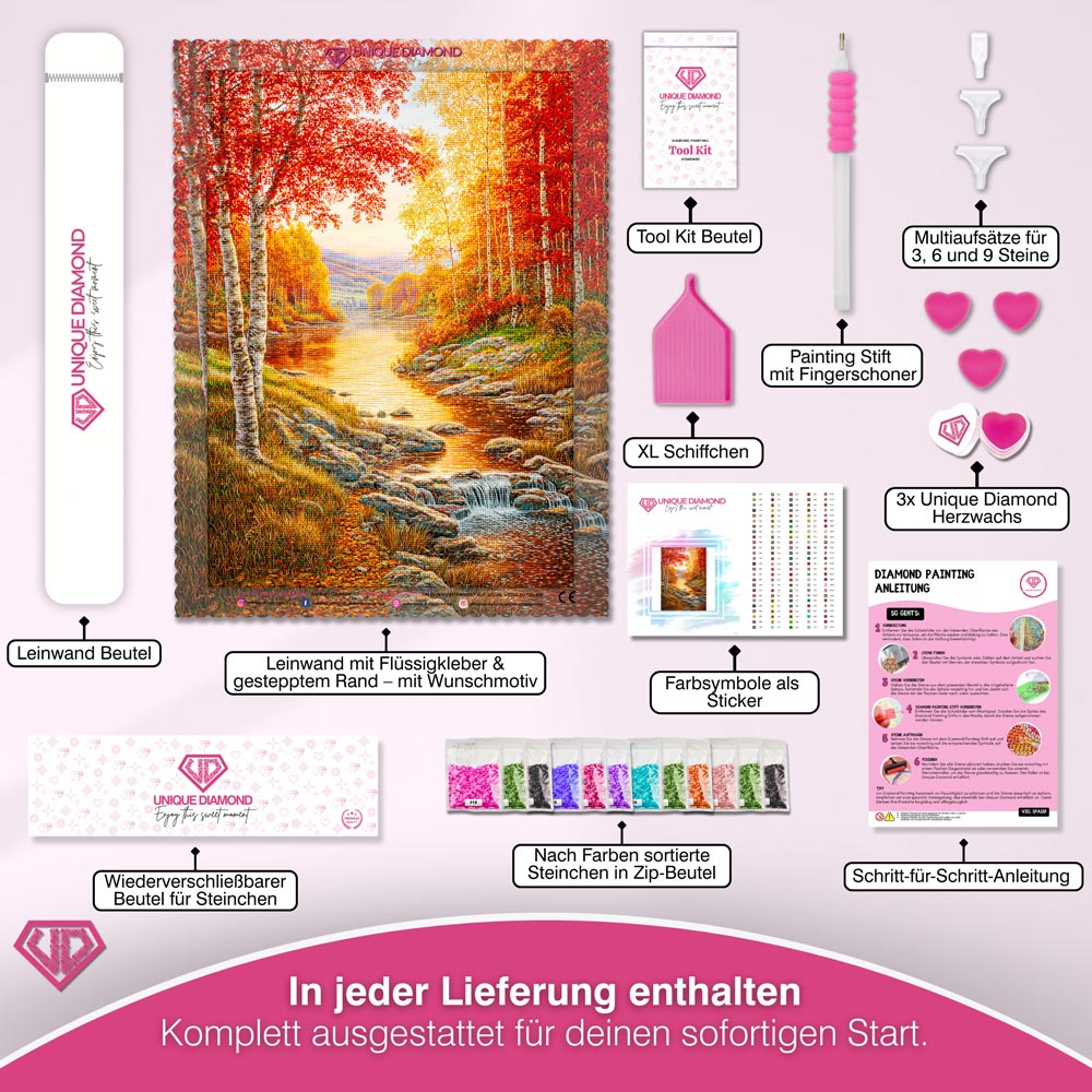 5D Diamond Painting – Goldenes Flüstern am Waldbach Unique-Diamond