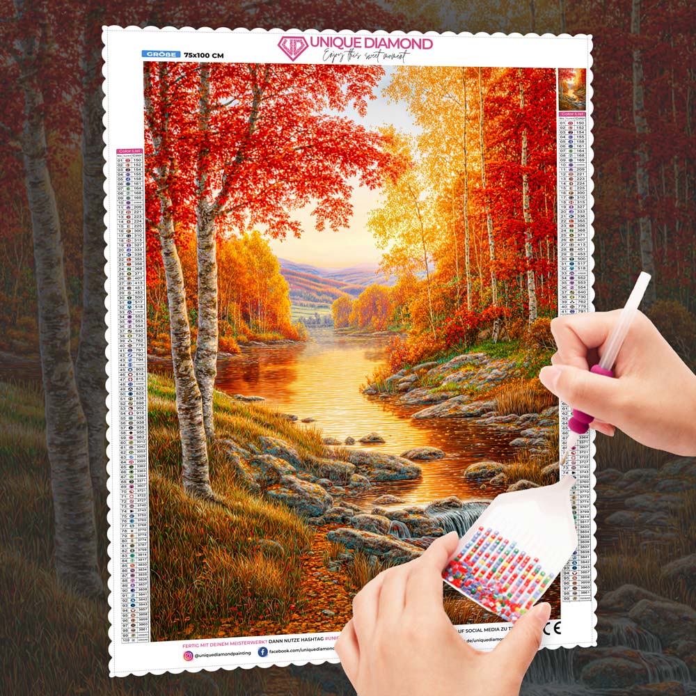 5D Diamond Painting – Goldenes Flüstern am Waldbach, Unique-Diamond