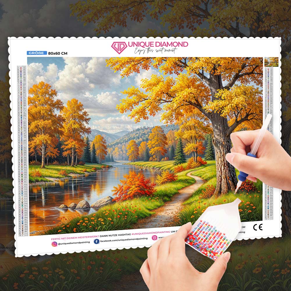 5D Diamond Painting – Herbstpfad der goldenen Stille, Unique-Diamond