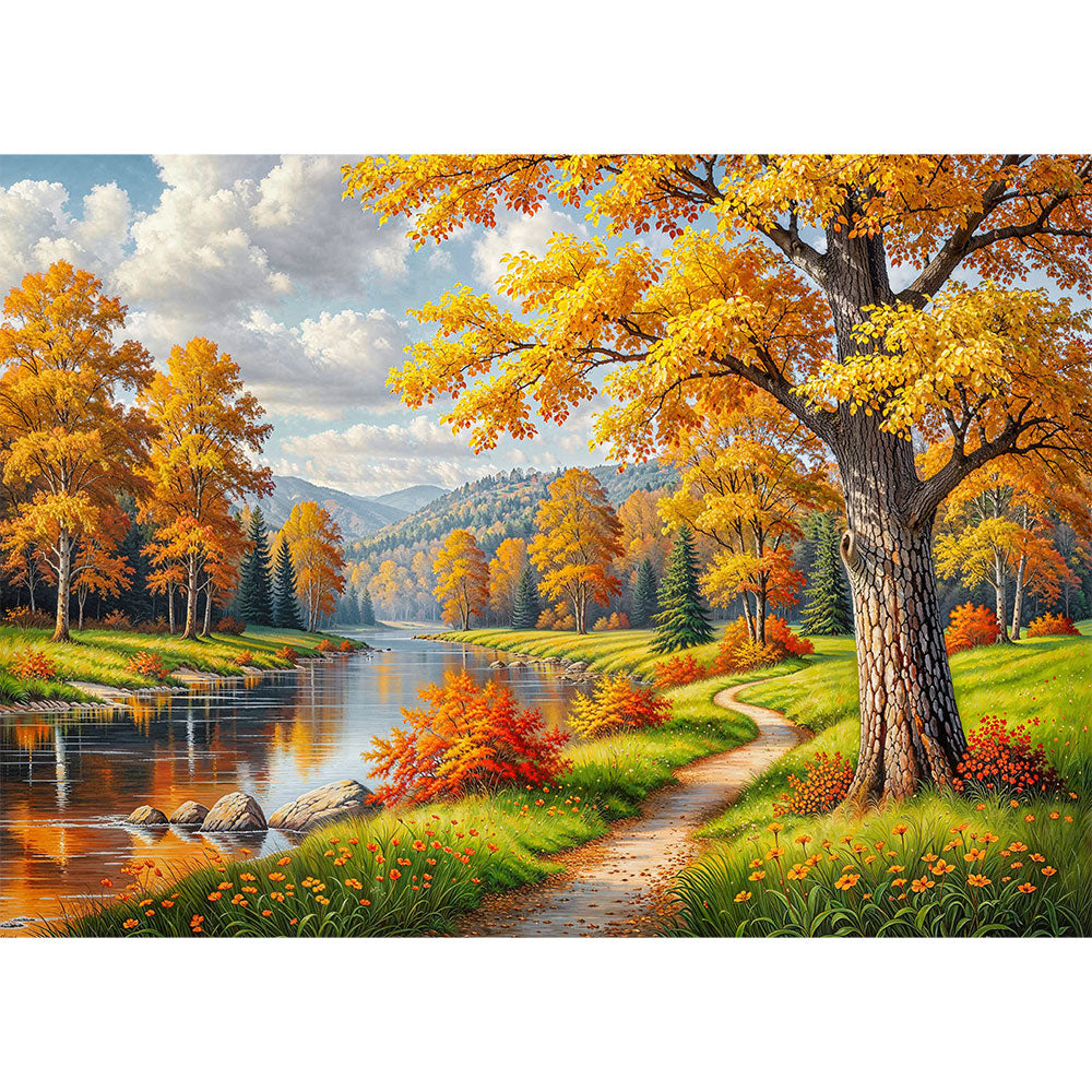 5D Diamond Painting – Herbstpfad der goldenen Stille, Unique-Diamond