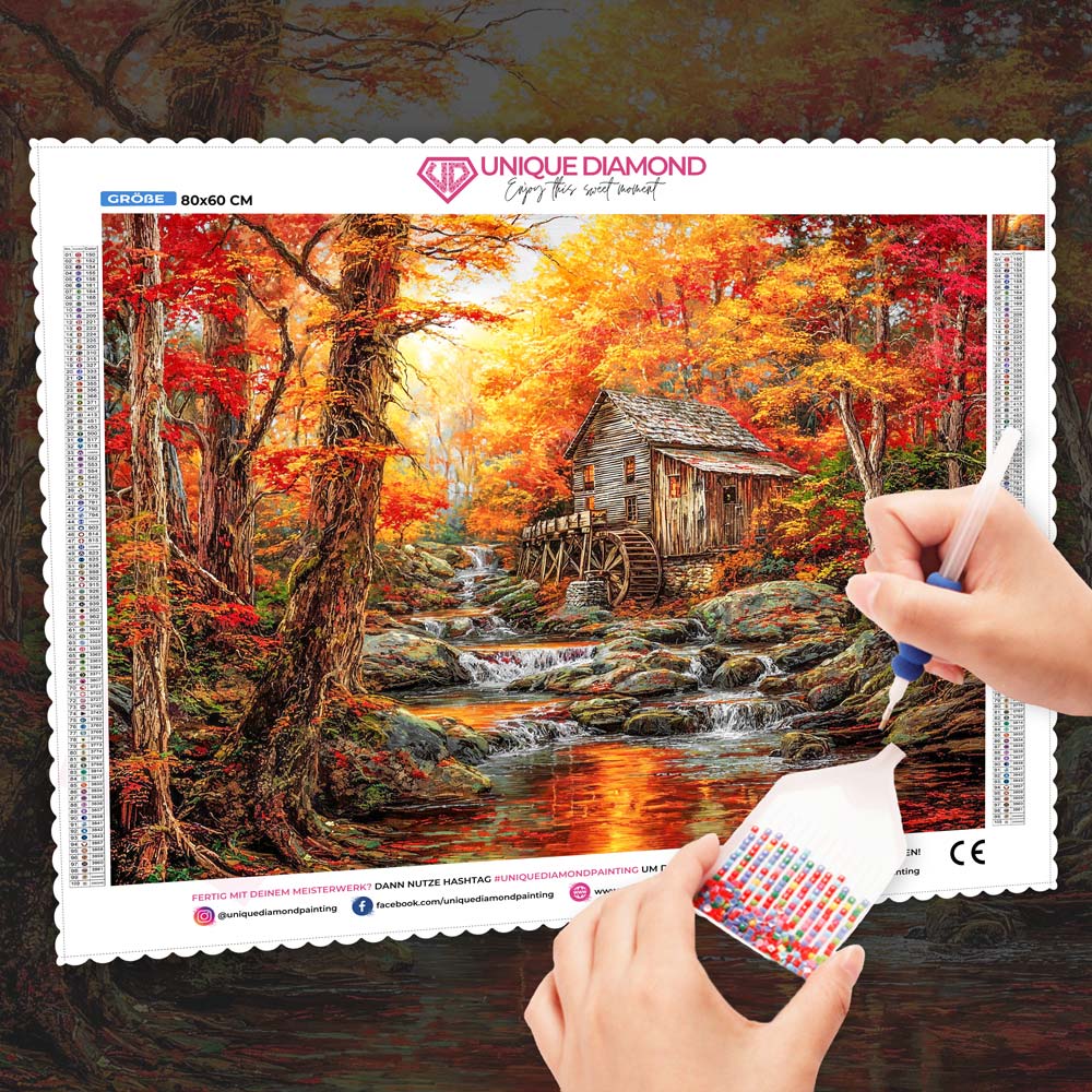 5D Diamond Painting – Herbstzauber an der alten Mühle, Unique-Diamond