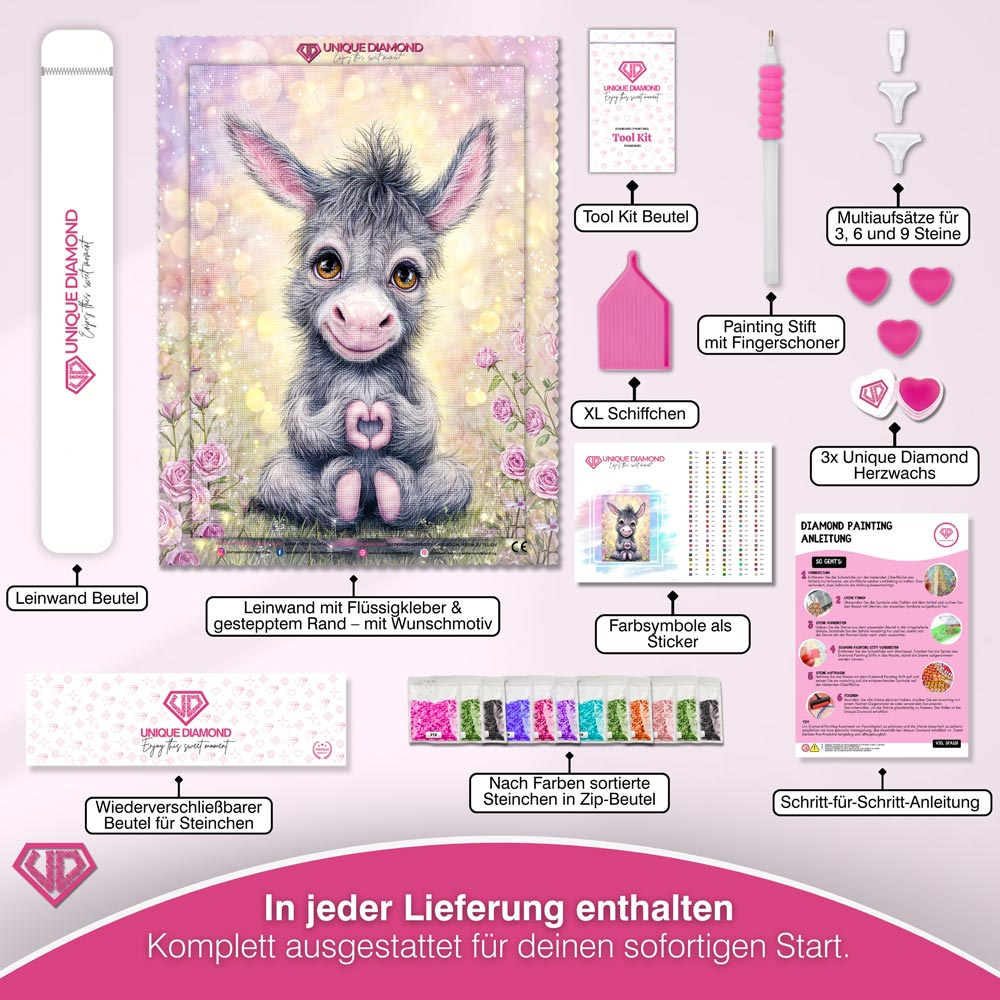 5D Diamond Painting – Herzchen-Esel in Rosengarten Unique-Diamond