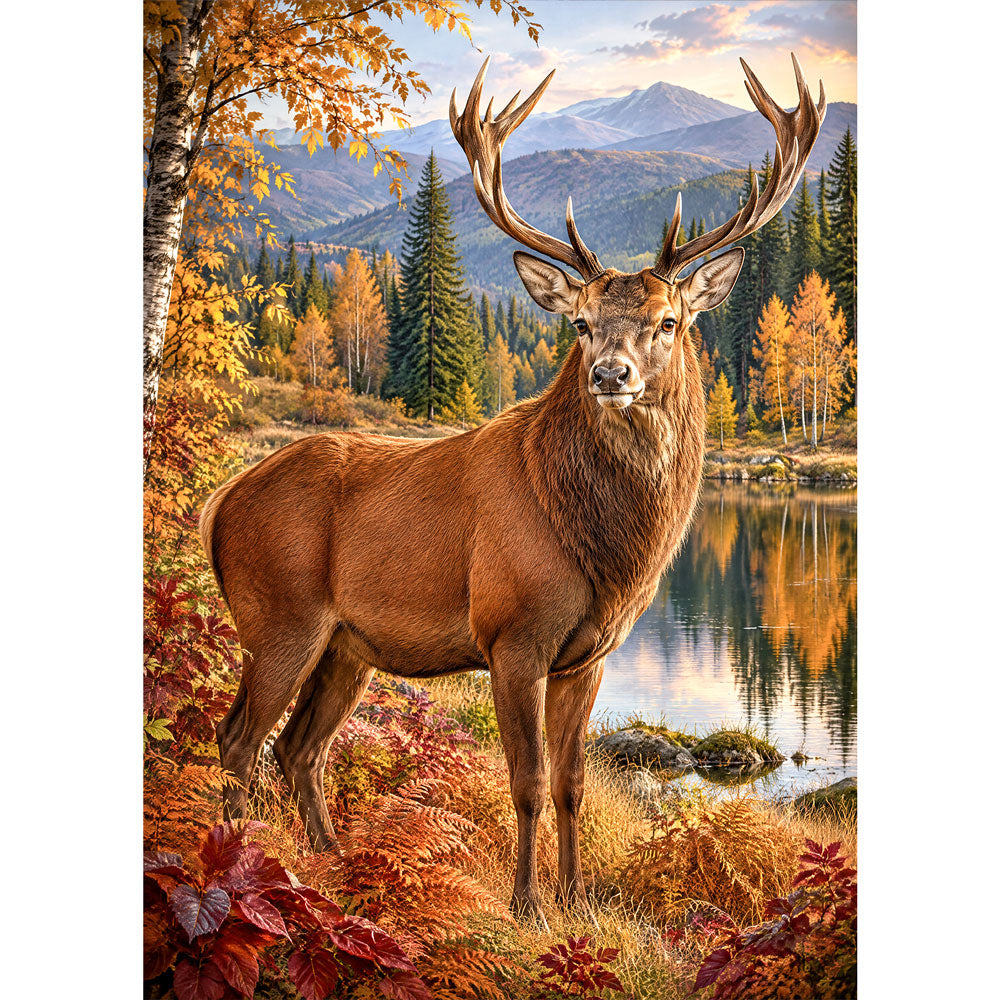 5D Diamond Painting – Hirschkönig am goldenen Herbstsee | Unique Diamond
