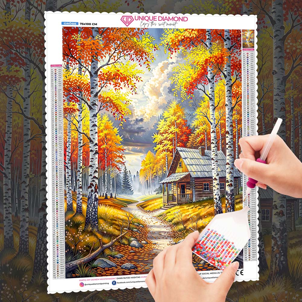 5D Diamond Painting – Hütte der goldenen Blätter, Unique-Diamond