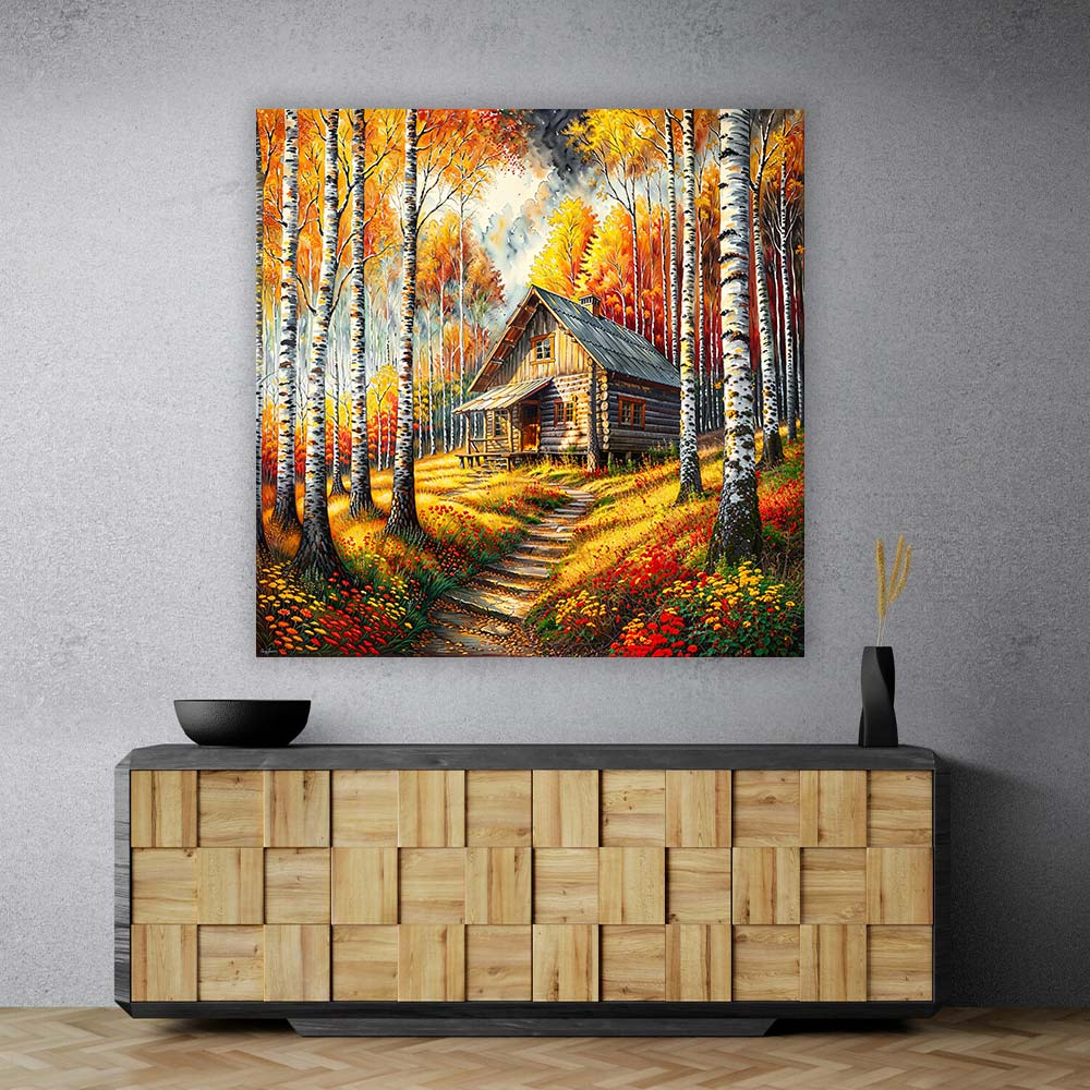 5D Diamond Painting – Hütte im goldenen Flammenwald, Unique-Diamond