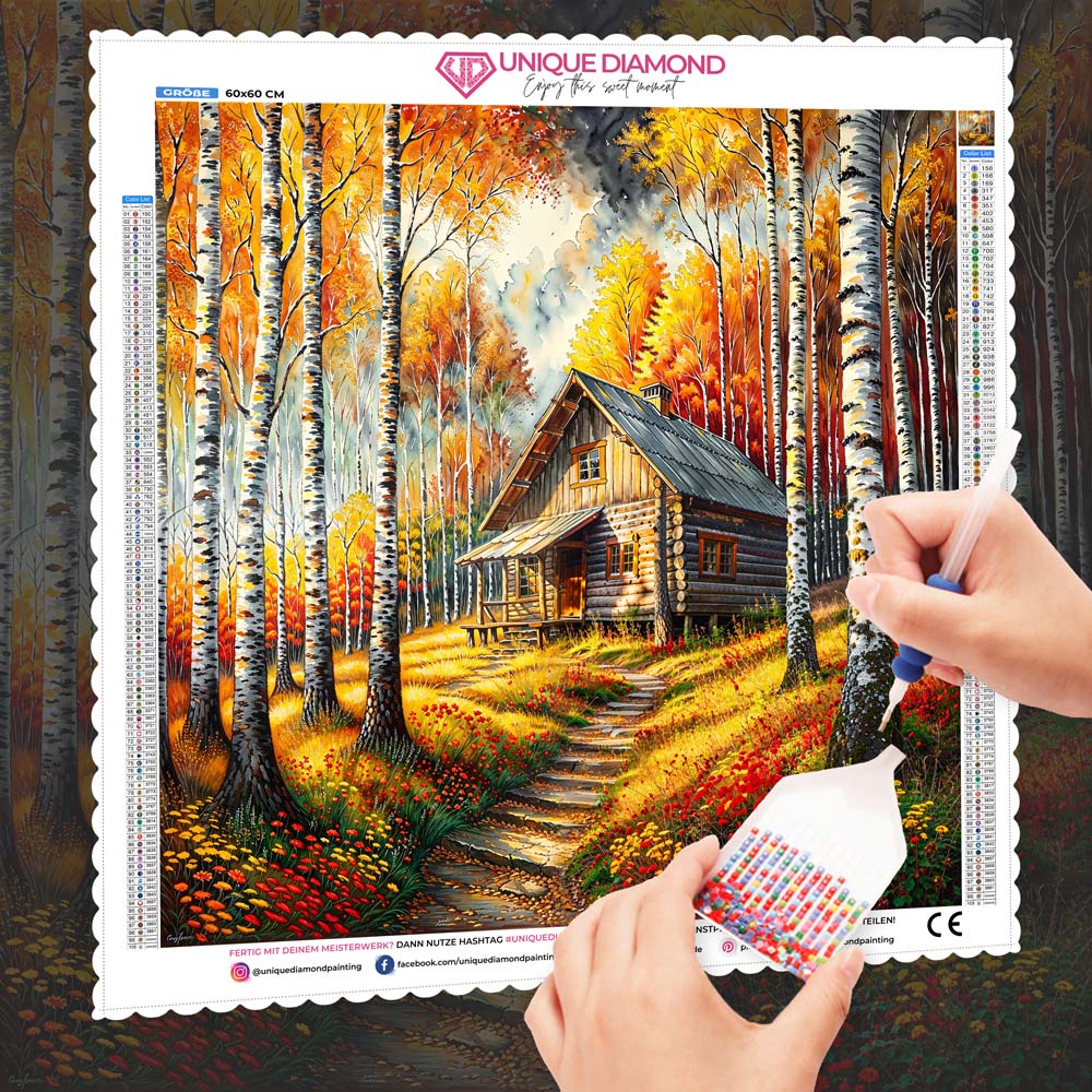 5D Diamond Painting – Hütte im goldenen Flammenwald, Unique-Diamond