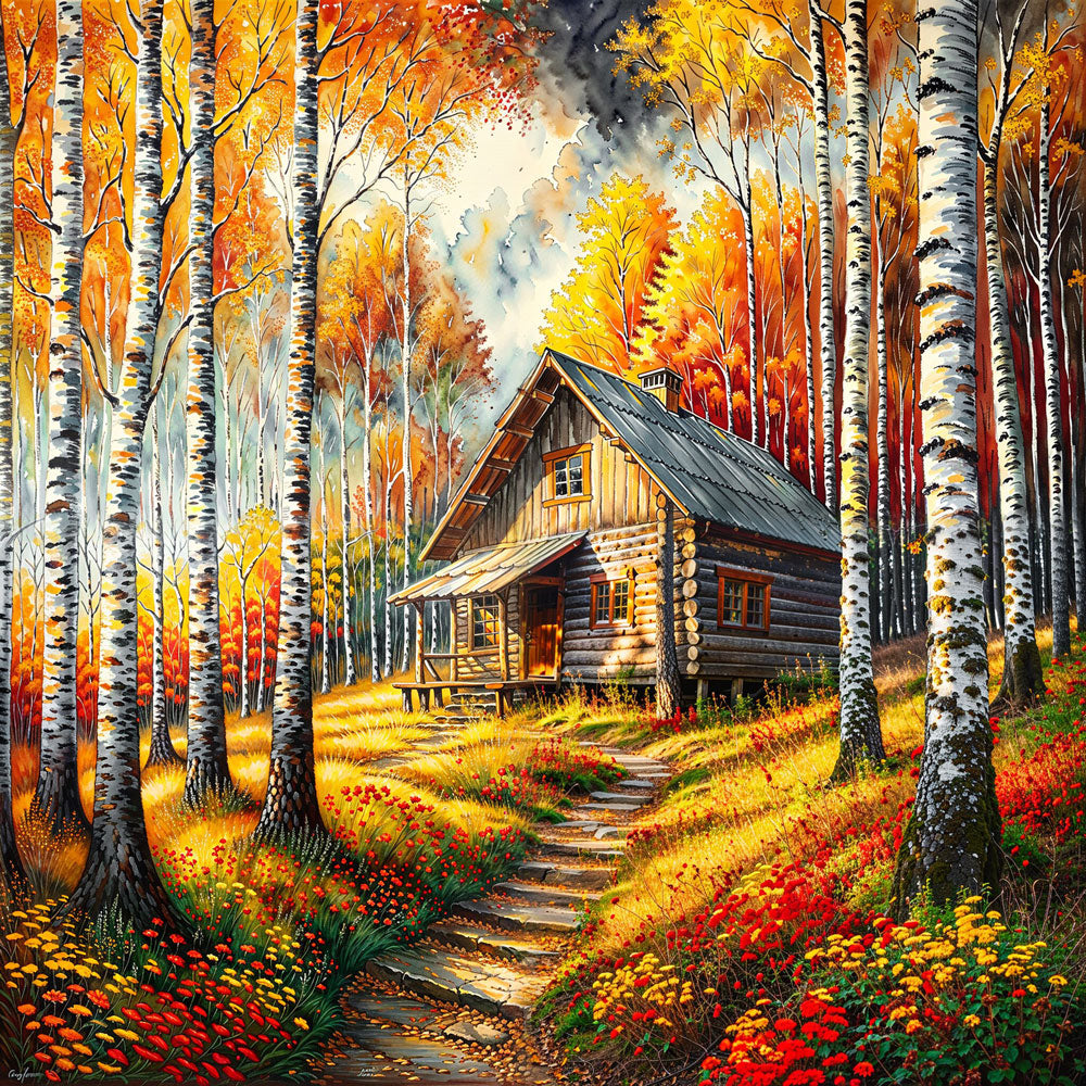5D Diamond Painting – Hütte im goldenen Flammenwald, Unique-Diamond