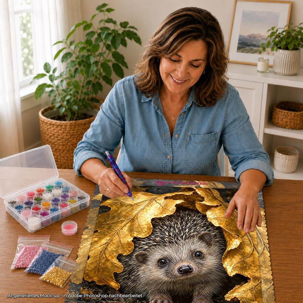 5D Diamond Painting – Igel im goldenen Blätterdach