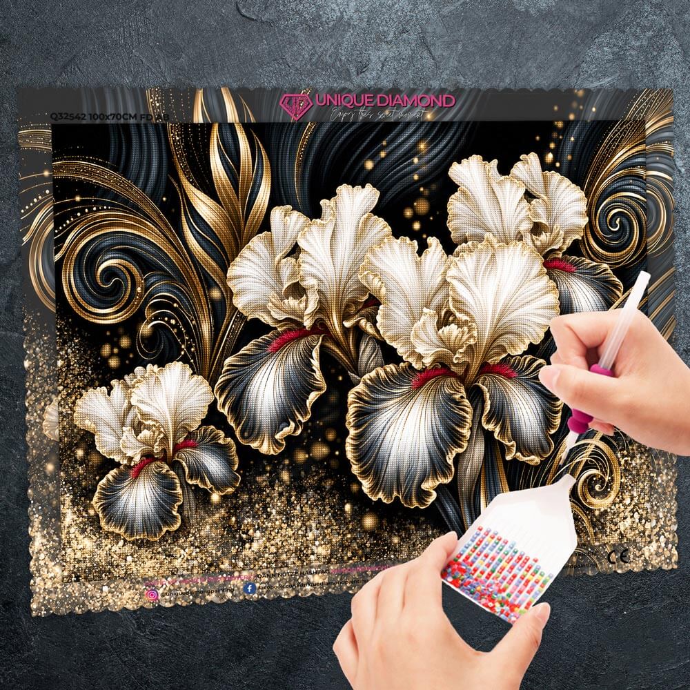 5D Diamond Painting – Irisreigen in Gold und Seide