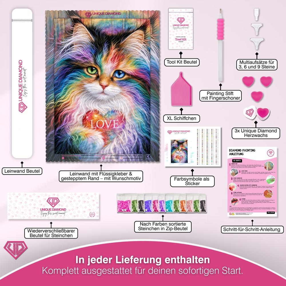 5D Diamond Painting – Katze im Farbenrausch der Liebe