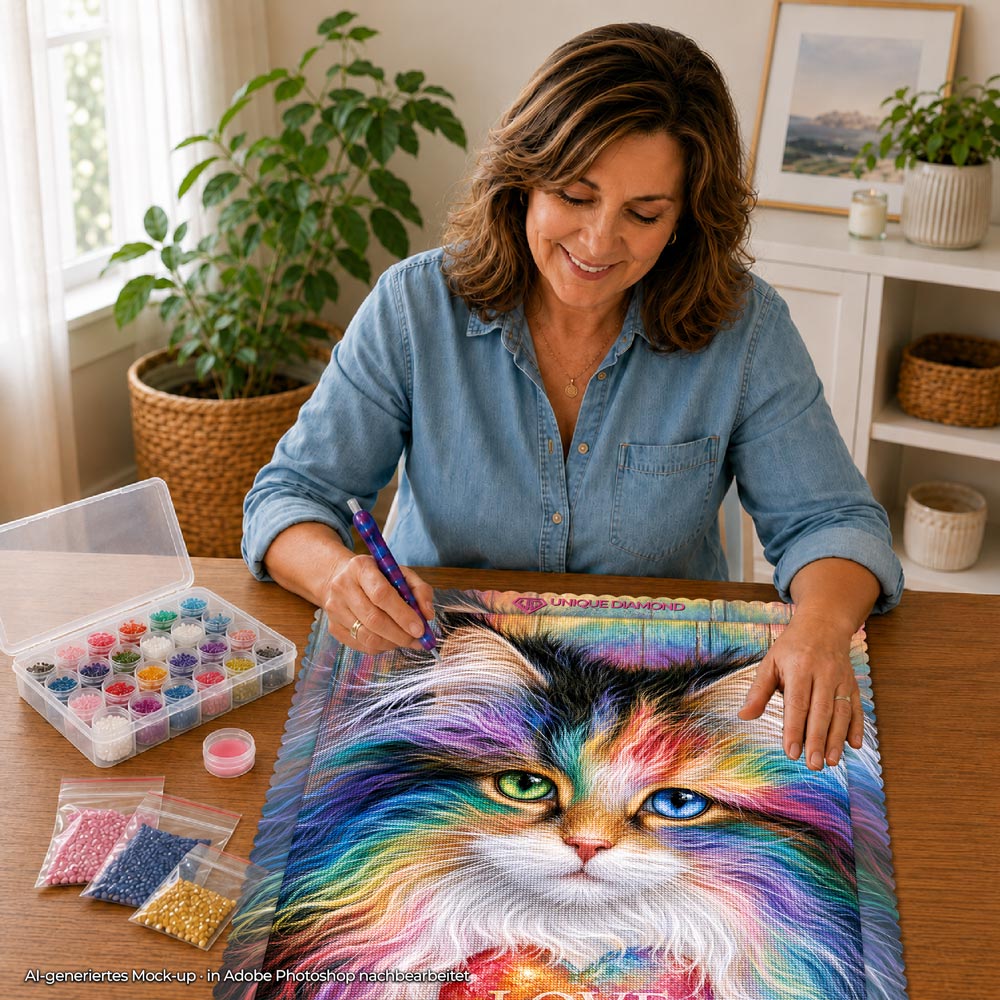 5D Diamond Painting – Katze im Farbenrausch der Liebe