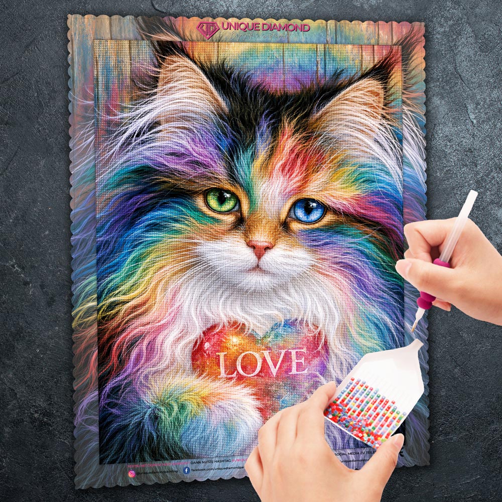 5D Diamond Painting – Katze im Farbenrausch der Liebe