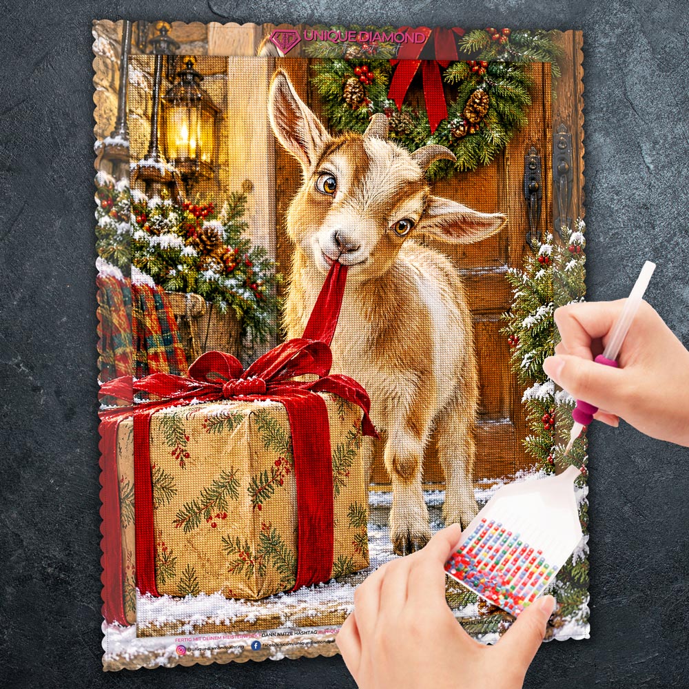 5D Diamond Painting – Kleine Ziege, große Weihnachtsneugier