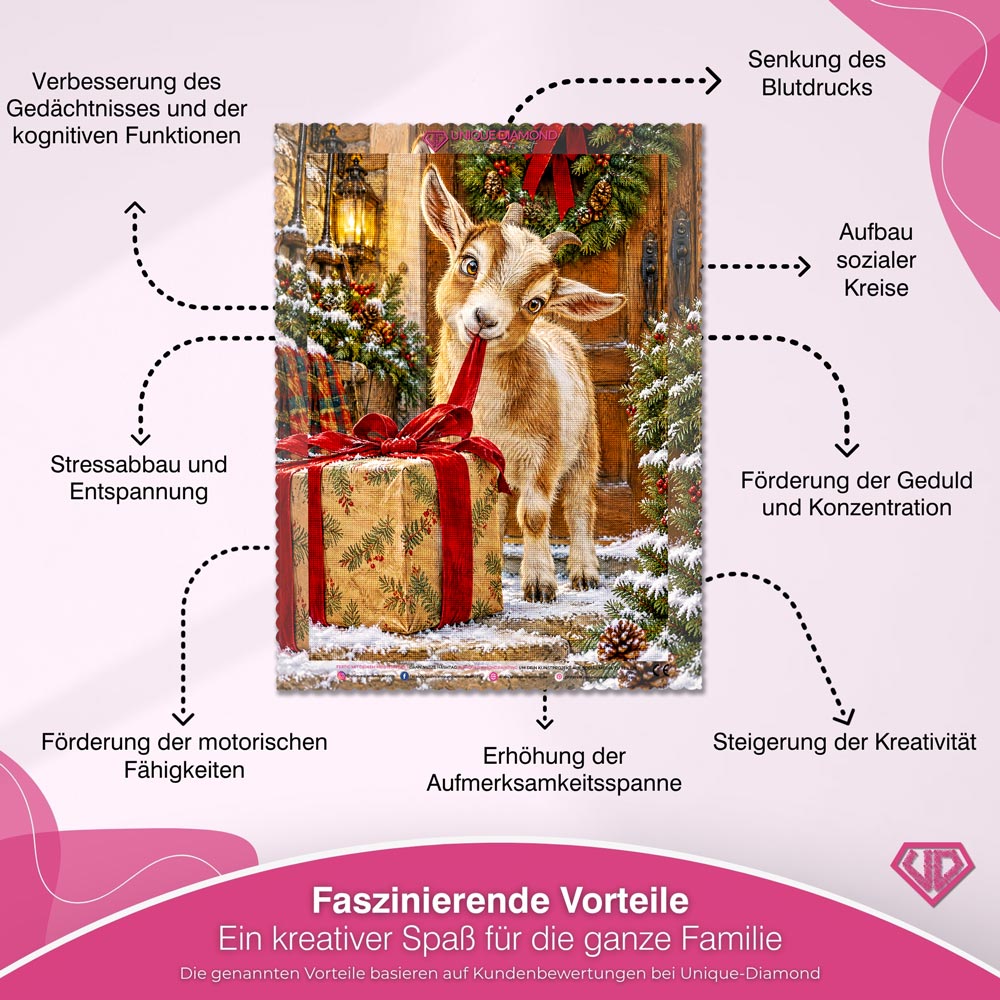 5D Diamond Painting – Kleine Ziege, große Weihnachtsneugier
