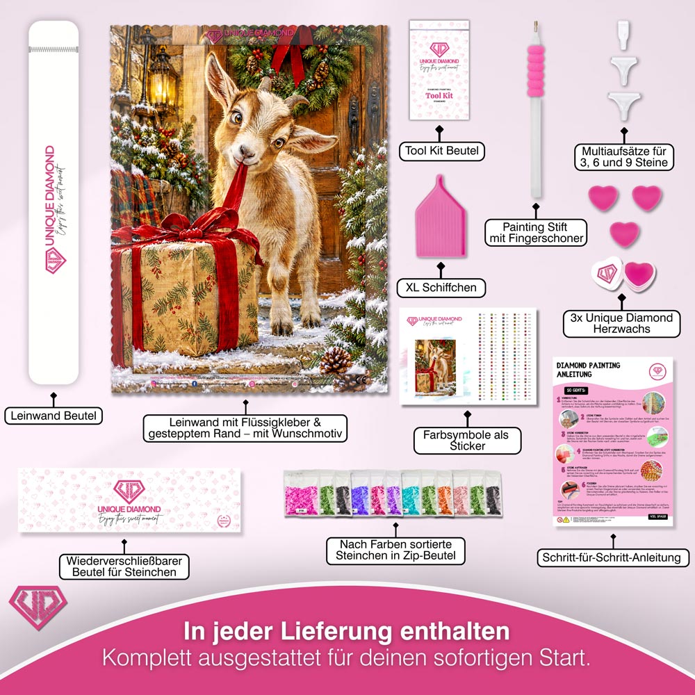 5D Diamond Painting – Kleine Ziege, große Weihnachtsneugier
