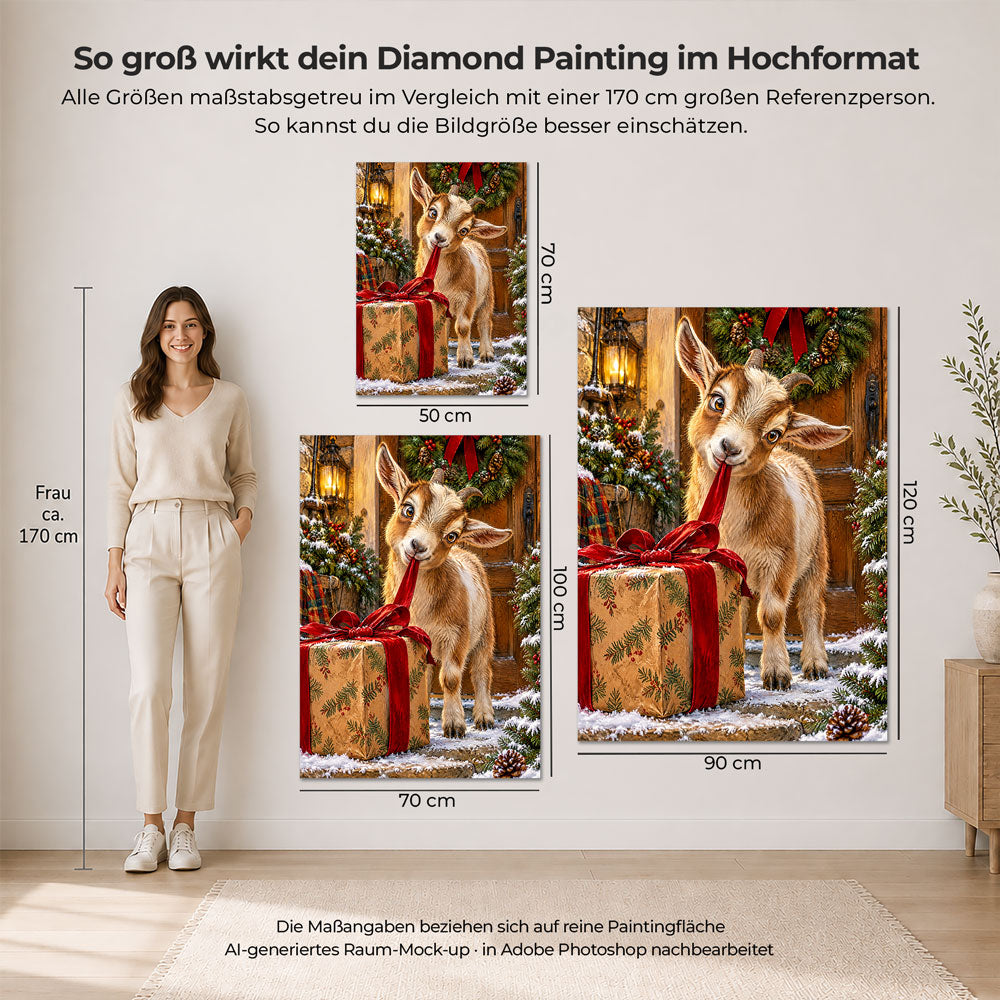 5D Diamond Painting – Kleine Ziege, große Weihnachtsneugier