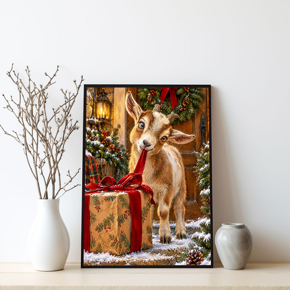 5D Diamond Painting – Kleine Ziege, große Weihnachtsneugier