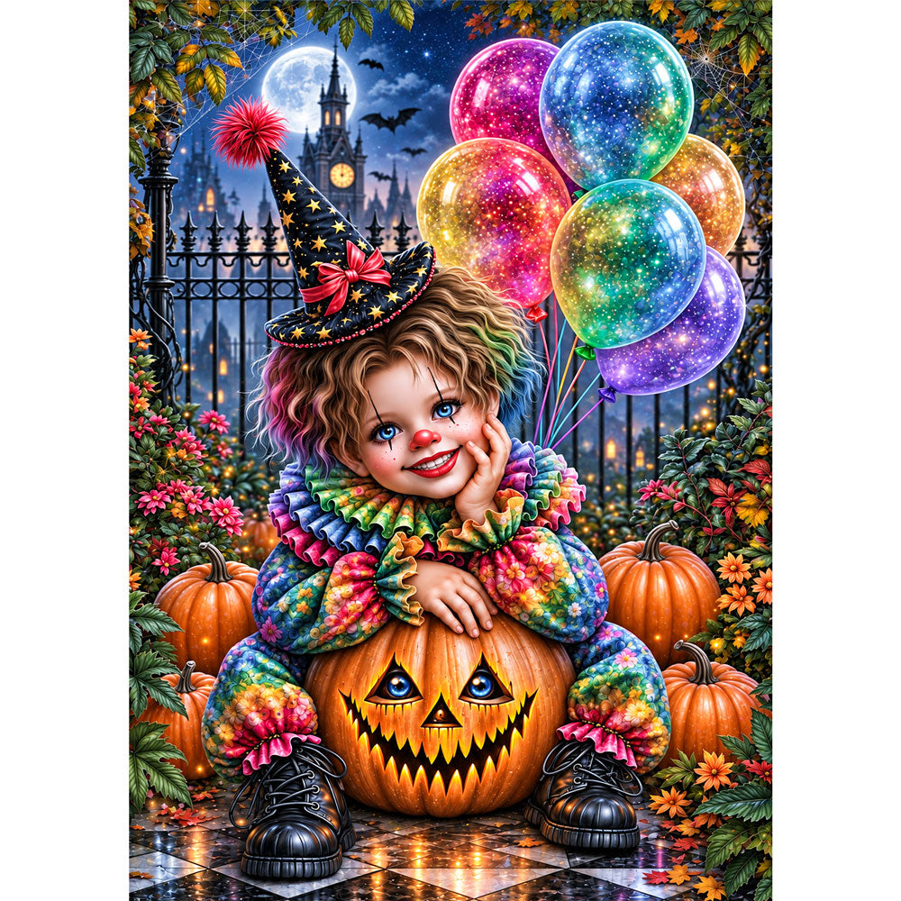5D Diamond Painting – Kleiner Halloween-Clown im Kürbisgarten | Unique Diamond
