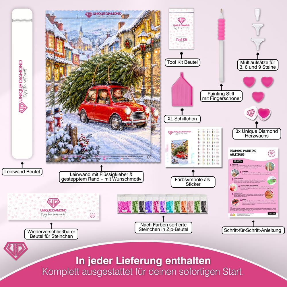 5D Diamond Painting – Kleines Auto, großer Weihnachtsbaum
