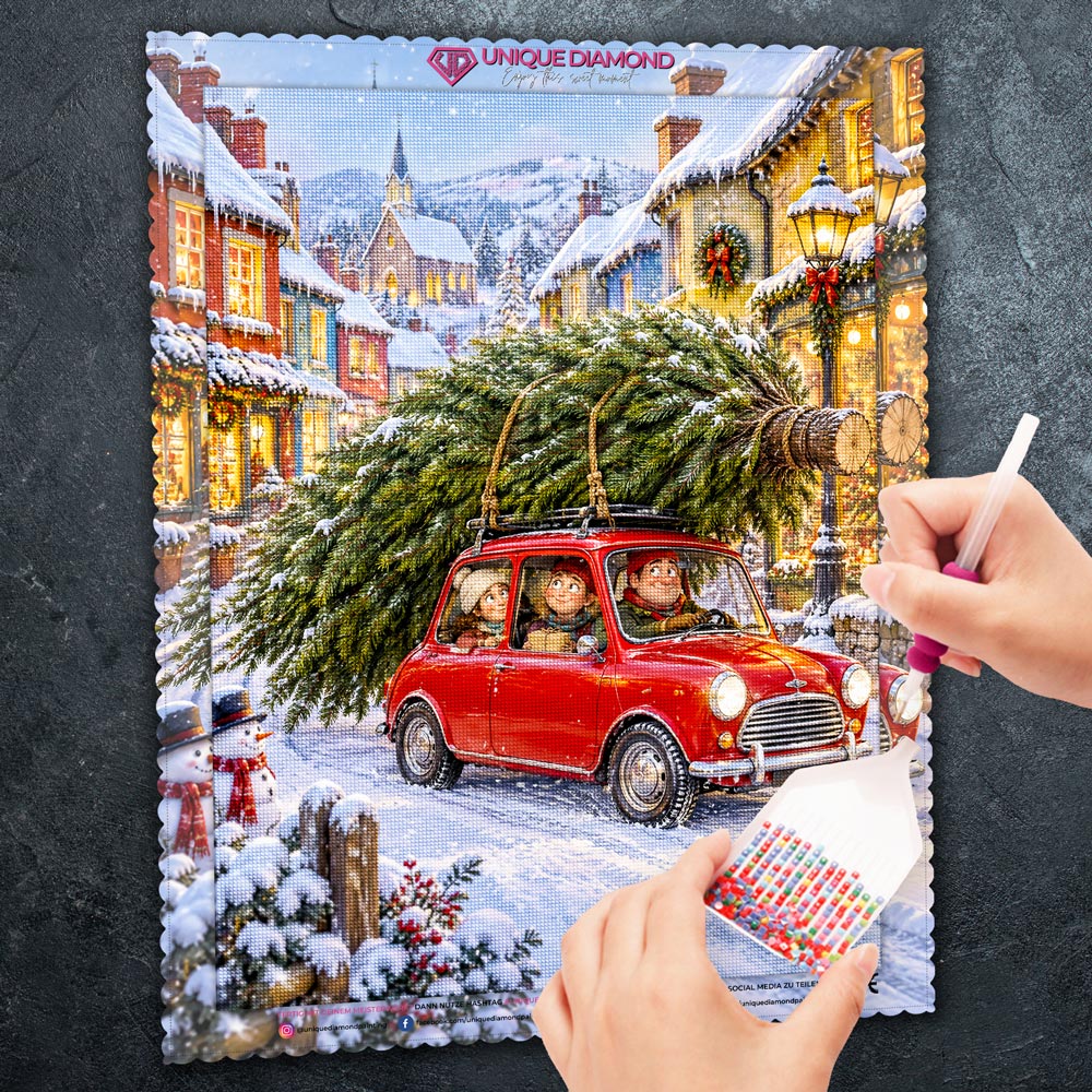 5D Diamond Painting – Kleines Auto, großer Weihnachtsbaum