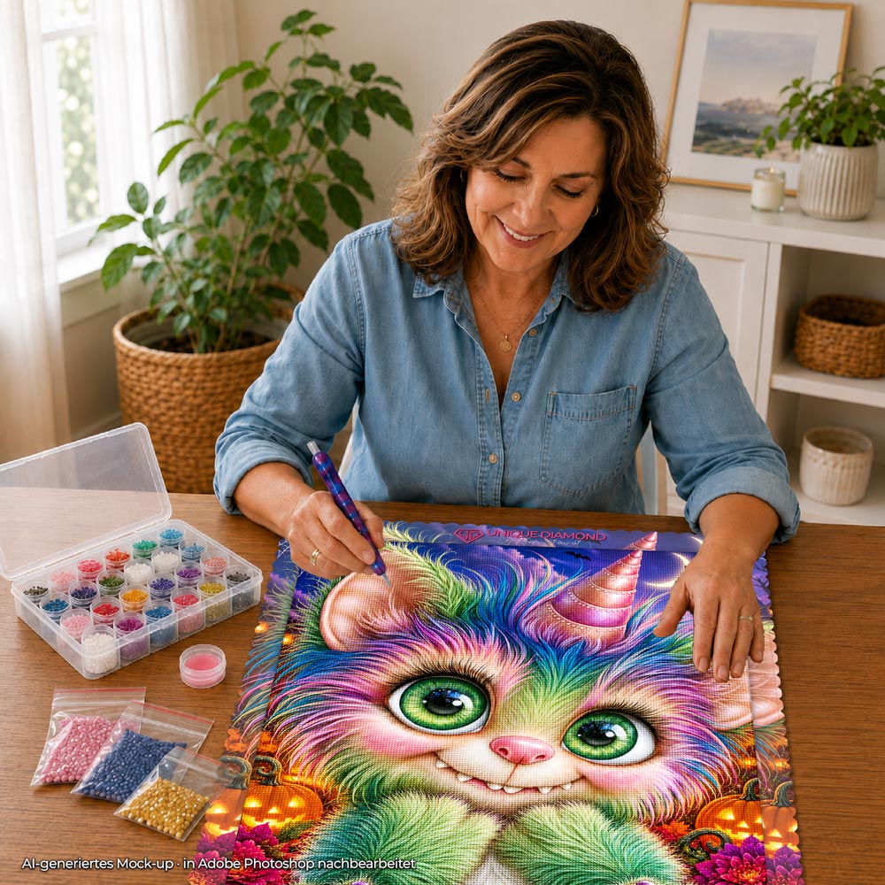 5D Diamond Painting – Kleines Regenbogenmonster im Halloweenzauber
