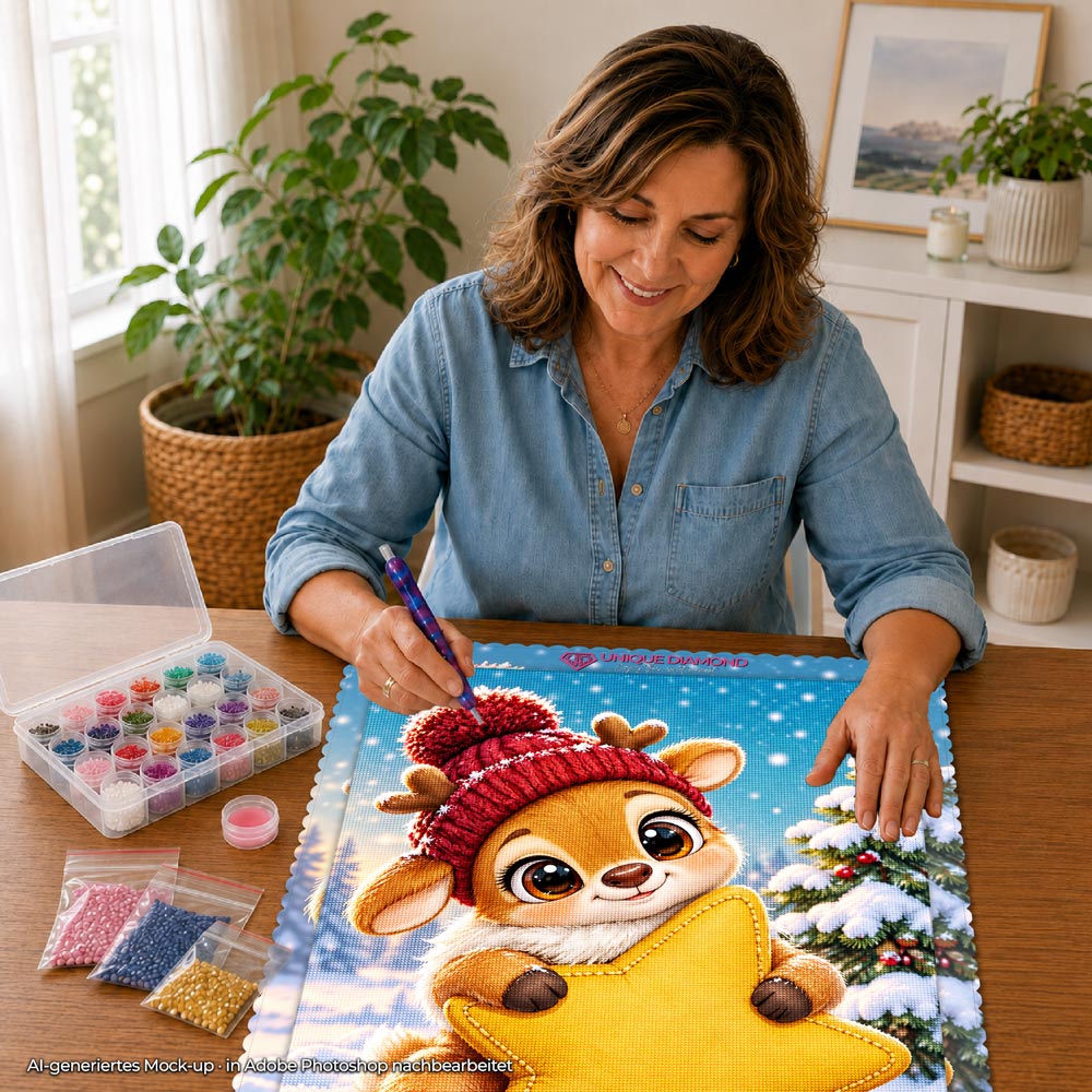 5D Diamond Painting – Kleines Rentier mit Kuschelstern