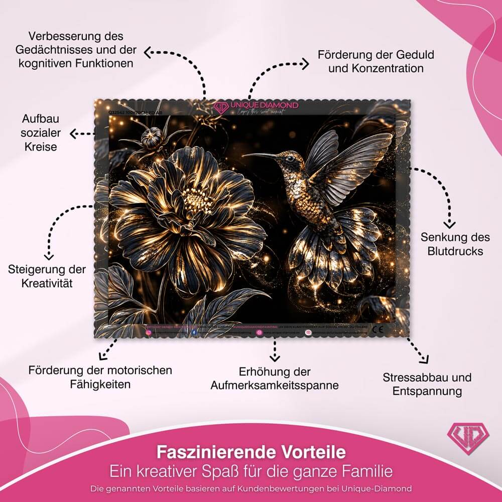 5D Diamond Painting – Kolibri im goldenen Blütentanz