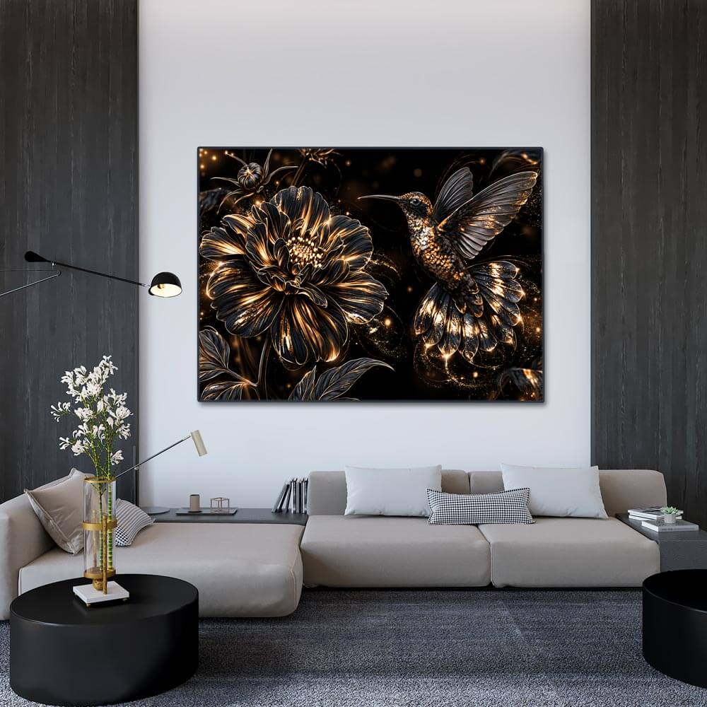 5D Diamond Painting – Kolibri im goldenen Blütentanz