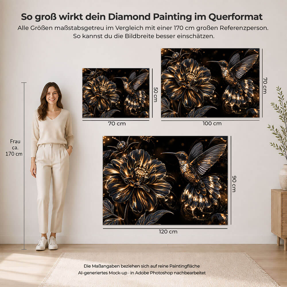 5D Diamond Painting – Kolibri im goldenen Blütentanz