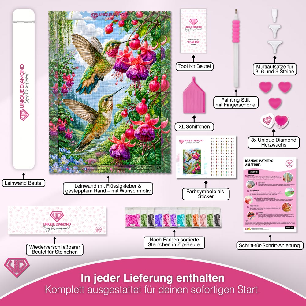 5D Diamond Painting – Kolibris im Fuchsiengarten