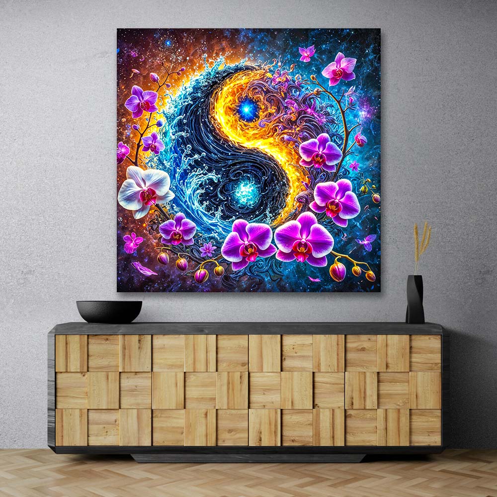5D Diamond Painting – Kosmisches Yin & Yang mit Orchideen, Unique-Diamond
