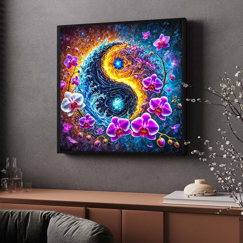 5D Diamond Painting – Kosmisches Yin & Yang mit Orchideen, Unique-Diamond