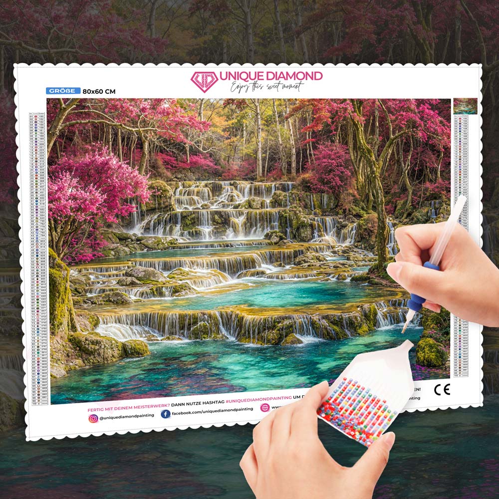 5D Diamond Painting – Kristallterrassen im Blütenhain, Unique-Diamond
