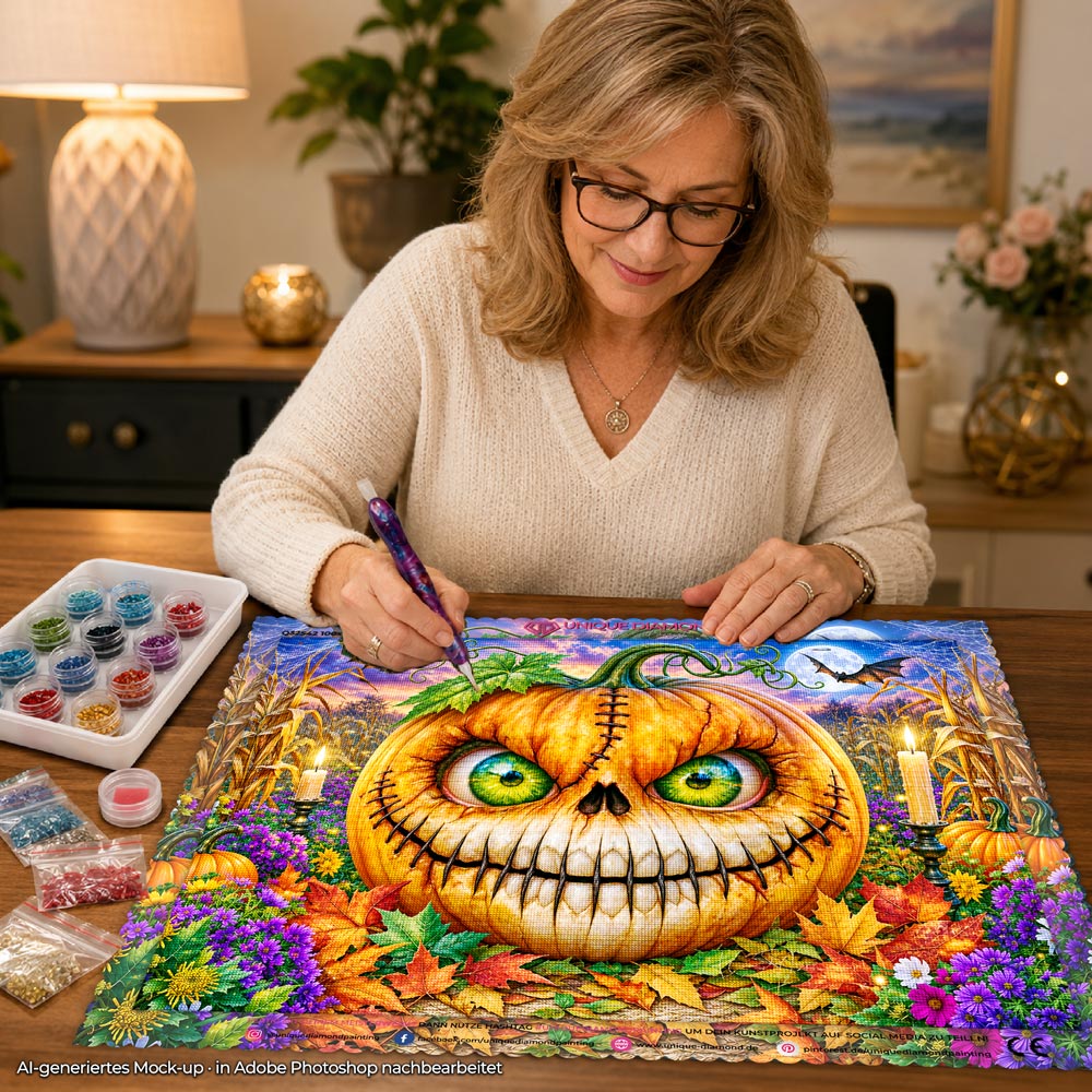 5D Diamond Painting – Kürbisgrinsen im Halloween-Zaubergarten