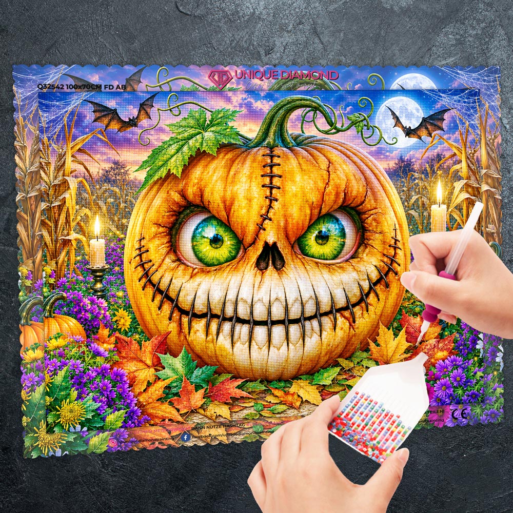 5D Diamond Painting – Kürbisgrinsen im Halloween-Zaubergarten