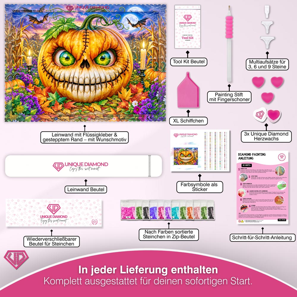 5D Diamond Painting – Kürbisgrinsen im Halloween-Zaubergarten