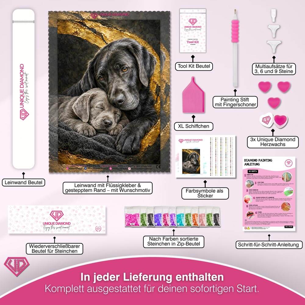 5D Diamond Painting – Labradorliebe in Gold geborgen