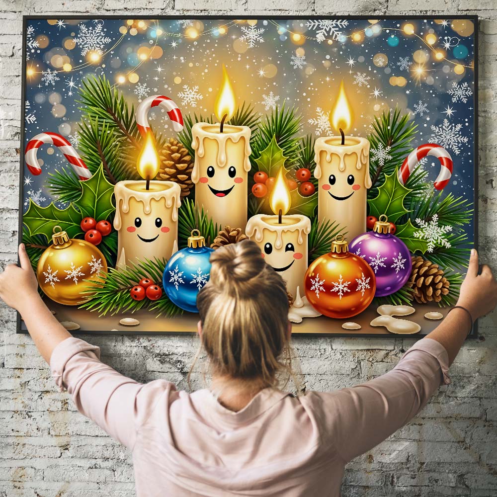 5D Diamond Painting – Lächelnde Weihnachtskerzen & Kugelzauber, Unique-Diamond