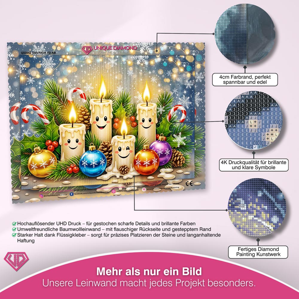 5D Diamond Painting – Lächelnde Weihnachtskerzen & Kugelzauber, Unique-Diamond