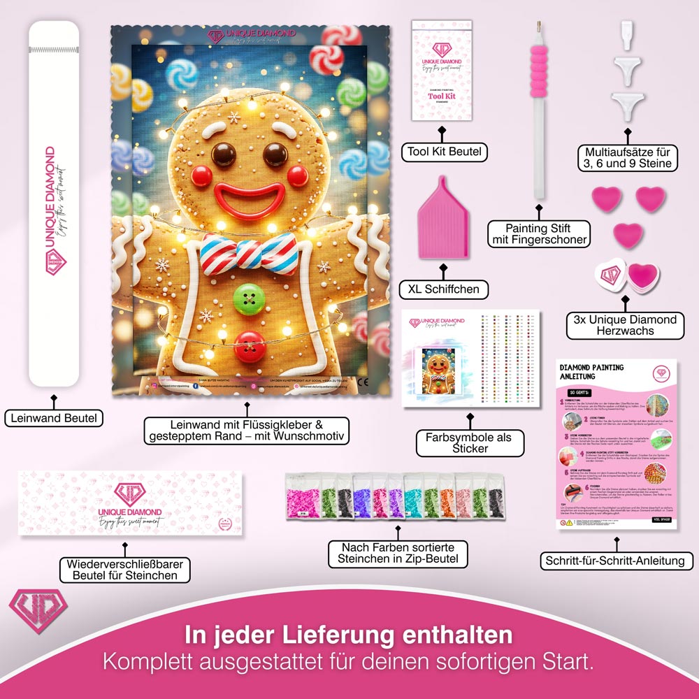 5D Diamond Painting – Lebkuchenmann Keksbert im Lichterglanz