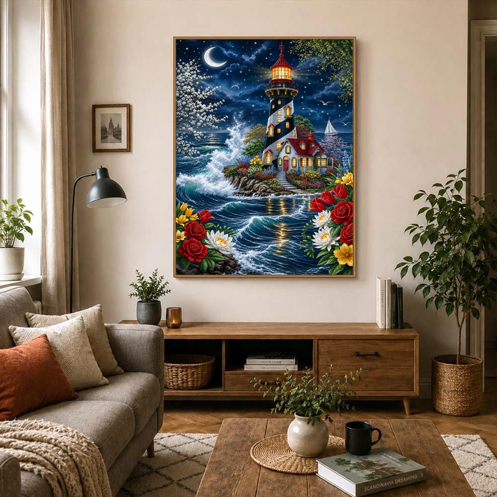 5D Diamond Painting – Leuchtturm der Mondscheinwellen