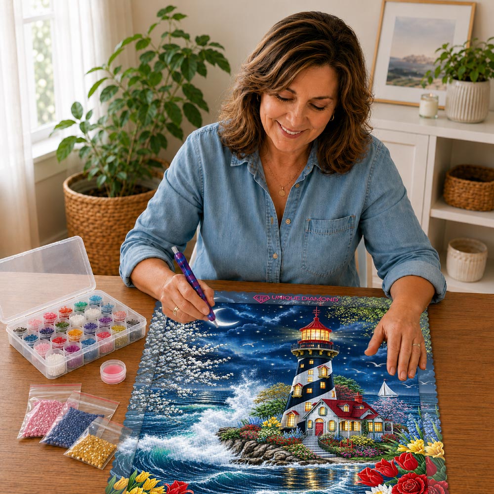 5D Diamond Painting – Leuchtturm der Mondscheinwellen