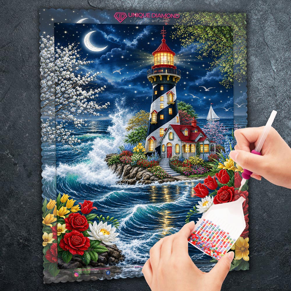 5D Diamond Painting – Leuchtturm der Mondscheinwellen