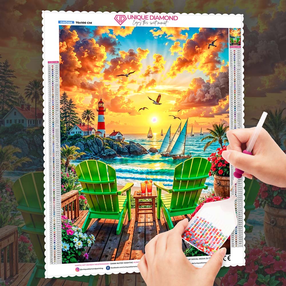 5D Diamond Painting – Leuchtturm der goldenen Stunde, Unique-Diamond