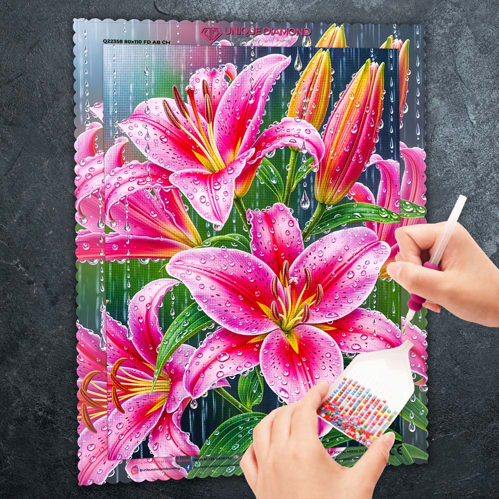 5D Diamond Painting – Lilien im Sommerregen, Unique-Diamond