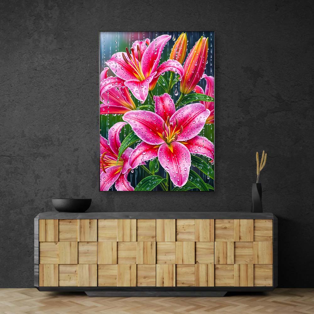 5D Diamond Painting – Lilien im Sommerregen, Unique-Diamond